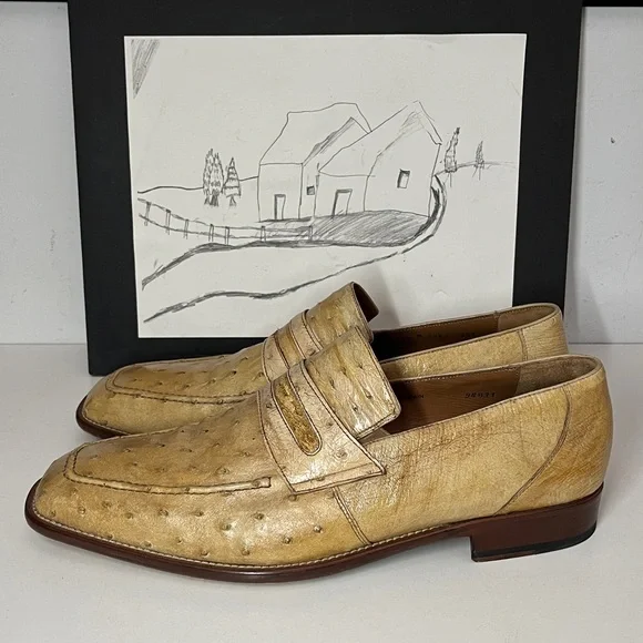 Mezlan Platinum Ostrich Quill Penny Loafers Men’s Size US 10.5 M - Picture 4 of 16